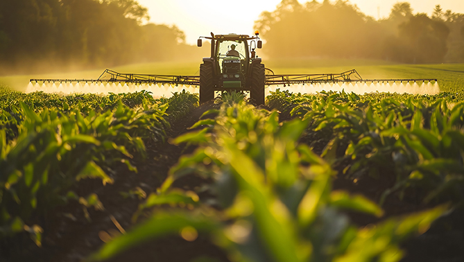 A tractor in a corn field with a sprayer spraying the corn crops with agricultural adjuvant and pesticide crop protection product